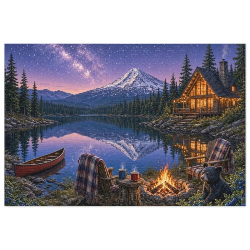 Cascade Mountain Stargazer A-Frame Cabin Jigsaw Puzzle in Gift Tin, 1000 or 500 Pieces, Pacific Northwest Lake Campfire Gift Cascade Mountain Stargazer A-Frame Cabin Jigsaw Puzzle in Gift Tin, 1000 or 500 Pieces, Pacific Northwest Lake Campfire Gift