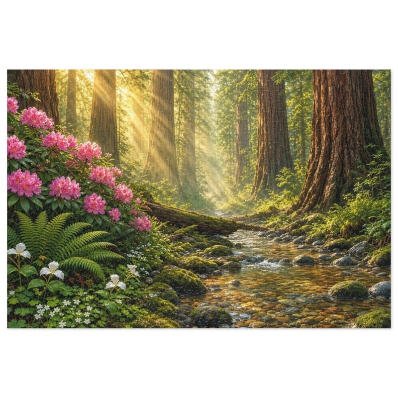 Cathedral of the Redwoods and Rhododendron Bloom Jigsaw Puzzle in Collectors Tin (500 and 1000 Piece) - Forest Sunbeams - Redwood Roots Cathedral of the Redwoods and Rhododendron Bloom Jigsaw Puzzle in Collectors Tin (500 and 1000 Piece) - Forest Sunbeams - Redwood Roots