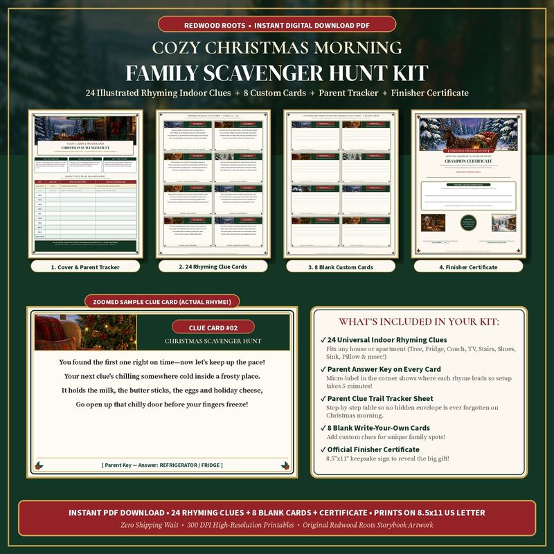 Cozy Christmas Morning Family Scavenger Hunt Printable PDF | 24 Illustrated Rhyming Indoor Clue Cards + Custom Cards & Finisher Certificate Cozy Christmas Morning Family Scavenger Hunt Printable PDF | 24 Illustrated Rhyming Indoor Clue Cards + Custom Cards & Finisher Certificate