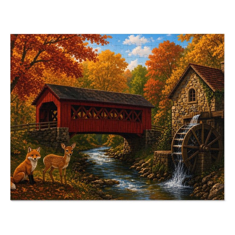 Cozy Cottage Seasons Autumn Bridge Jigsaw Puzzle, Covered Bridge Mill, Tin Box (252 Pieces) Cozy Cottage Seasons Autumn Bridge Jigsaw Puzzle, Covered Bridge Mill, Tin Box (252 Pieces)