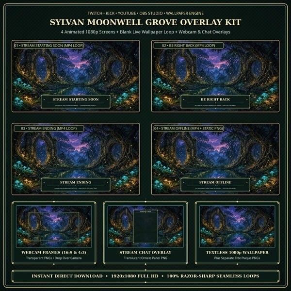 Sylvan Moonwell Grove Animated Streamer Overlay Kit — 5 Animated 1080p MP4 Screens + Webcam & Chat Overlay (OBS / Twitch / YouTube) Sylvan Moonwell Grove Animated Streamer Overlay Kit — 5 Animated 1080p MP4 Screens + Webcam & Chat Overlay (OBS / Twitch / YouTube)