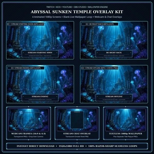 Abyssal Sunken Temple Animated Stream Overlay Kit — 5 Animated 1080p MP4 Screens + Webcam & Chat Overlay (OBS / Twitch / YouTube) Abyssal Sunken Temple Animated Stream Overlay Kit — 5 Animated 1080p MP4 Screens + Webcam & Chat Overlay (OBS / Twitch / YouTube)