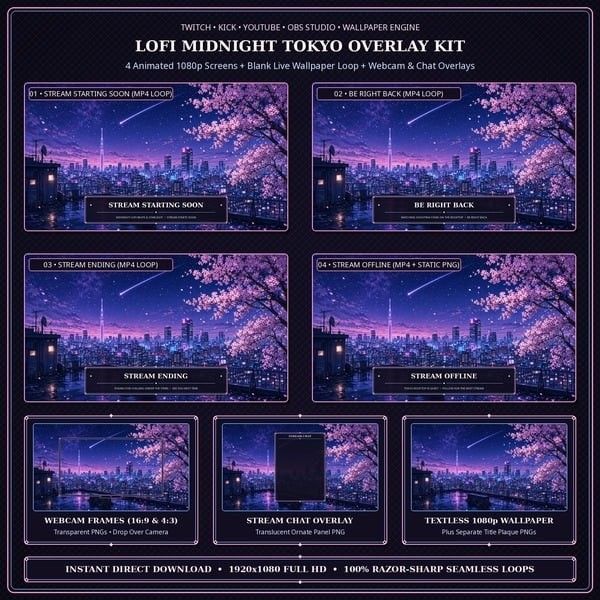 Lofi Midnight Tokyo Animated Stream Overlay Kit — 5 Animated 1080p MP4 Screens + Webcam & Chat Overlay (OBS / Twitch / YouTube) Lofi Midnight Tokyo Animated Stream Overlay Kit — 5 Animated 1080p MP4 Screens + Webcam & Chat Overlay (OBS / Twitch / YouTube)