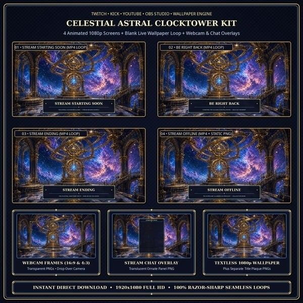 Celestial Astral Clocktower Animated Stream Overlay Kit — 5 Animated 1080p MP4 Screens + Webcam & Chat Overlay (OBS / Twitch / YouTube) Celestial Astral Clocktower Animated Stream Overlay Kit — 5 Animated 1080p MP4 Screens + Webcam & Chat Overlay (OBS / Twitch / YouTube)