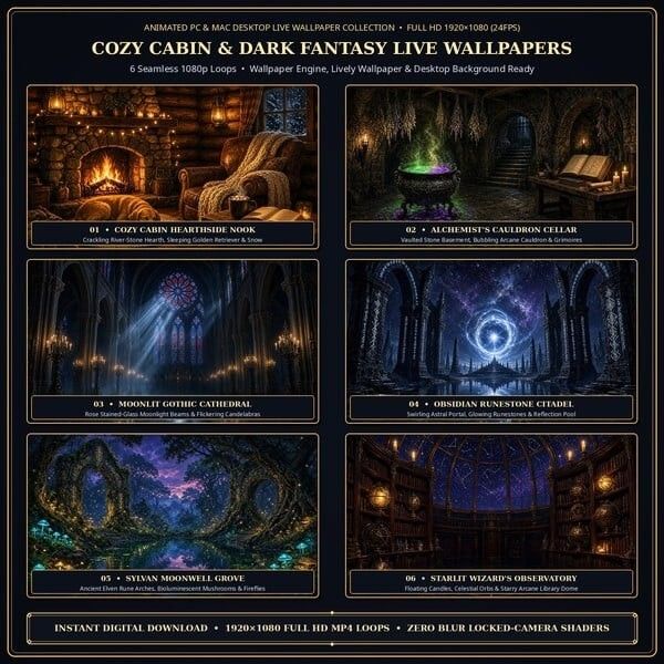 6-Pack Cozy & Fantasy Animated Desktop Live Wallpapers (1080p) 6-Pack Cozy & Fantasy Animated Desktop Live Wallpapers (1080p)