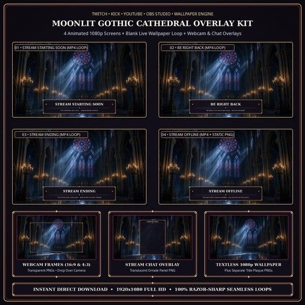 Moonlit Gothic Cathedral Animated Streamer Overlay Kit — 5 Animated 1080p MP4 Screens + Webcam & Chat Overlay (OBS / Twitch / YouTube) Moonlit Gothic Cathedral Animated Streamer Overlay Kit — 5 Animated 1080p MP4 Screens + Webcam & Chat Overlay (OBS / Twitch / YouTube)