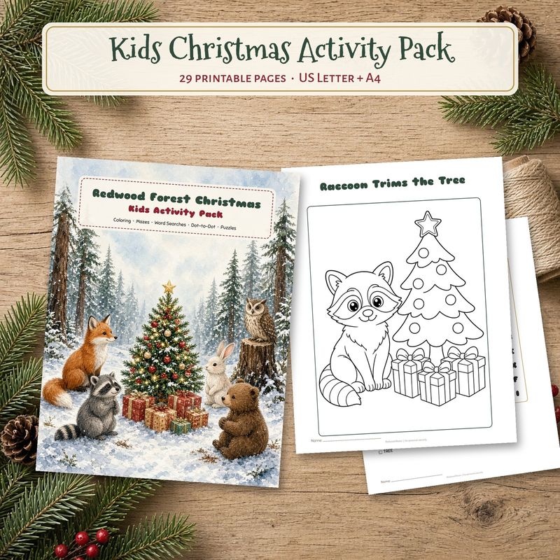 Kids Christmas Activity Pack Printable, Woodland Coloring Pages, Mazes, Word Search, Dot to Dot, Puzzles with Answer Keys Kids Christmas Activity Pack Printable, Woodland Coloring Pages, Mazes, Word Search, Dot to Dot, Puzzles with Answer Keys