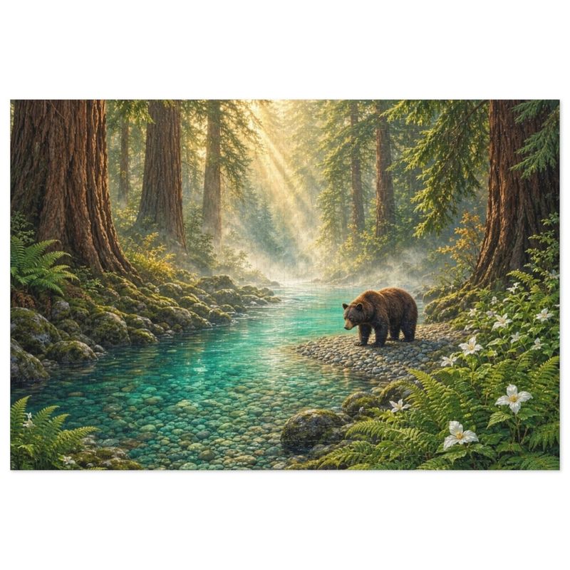 Misty Redwood River Bend and Black Bear Jigsaw Puzzle in Collectors Tin (500 and 1000 Piece) - Smith River Wildlife - Redwood Roots Misty Redwood River Bend and Black Bear Jigsaw Puzzle in Collectors Tin (500 and 1000 Piece) - Smith River Wildlife - Redwood Roots