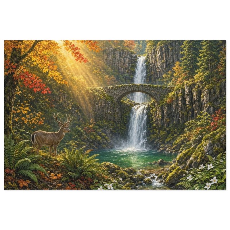 Pacific Northwest Autumn Waterfall and Stone Bridge Jigsaw Puzzle in Gift Tin, 1000 or 500 Pieces, PNW Forest Canyon Gift Pacific Northwest Autumn Waterfall and Stone Bridge Jigsaw Puzzle in Gift Tin, 1000 or 500 Pieces, PNW Forest Canyon Gift