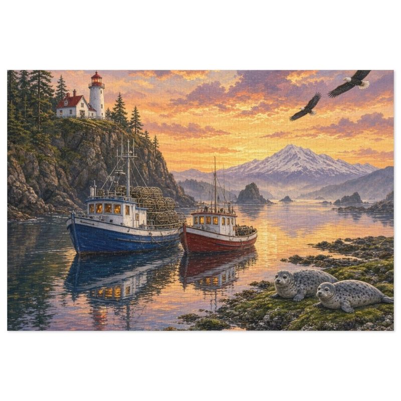 Pacific Northwest Coastal Fishing Boats and Lighthouse at Golden Hour Jigsaw Puzzle in Collector's Tin (500 and 1000 Piece) - Redwood Roots Pacific Northwest Coastal Fishing Boats and Lighthouse at Golden Hour Jigsaw Puzzle in Collector's Tin (500 and 1000 Piece) - Redwood Roots