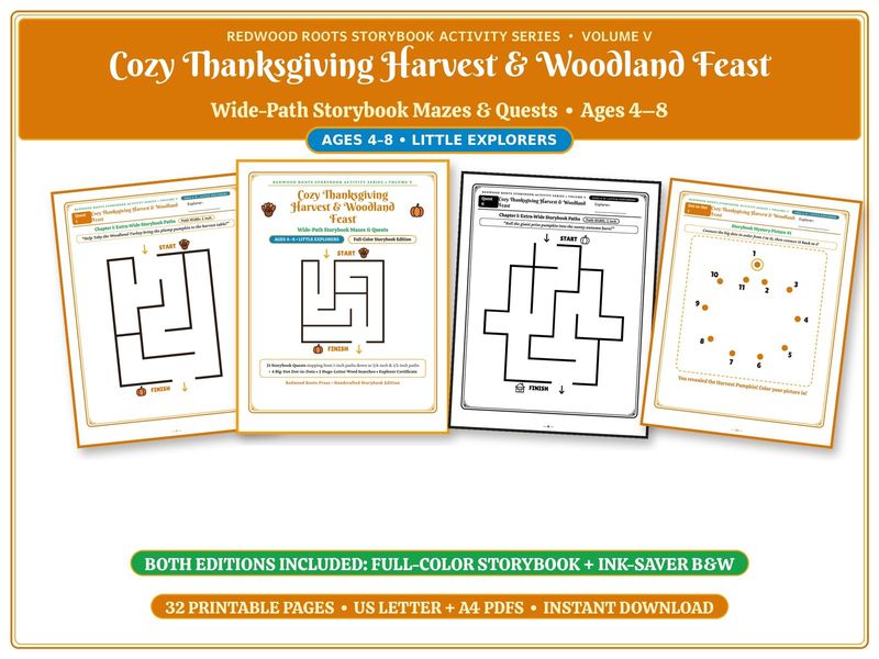 Printable Thanksgiving Maze Book for Kids Ages 4-8, Harvest Feast Wide-Path Mazes, 32 Page Activity Pack, Color + B&W PDF Printable Thanksgiving Maze Book for Kids Ages 4-8, Harvest Feast Wide-Path Mazes, 32 Page Activity Pack, Color + B&W PDF