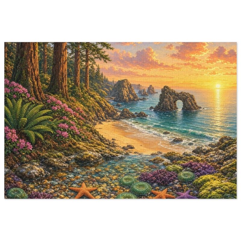 Redwood Secret Cove and Golden Sea Stacks Jigsaw Puzzle in Collectors Tin (500 and 1000 Piece) - Coastal Redwoods Beach - Redwood Roots Redwood Secret Cove and Golden Sea Stacks Jigsaw Puzzle in Collectors Tin (500 and 1000 Piece) - Coastal Redwoods Beach - Redwood Roots